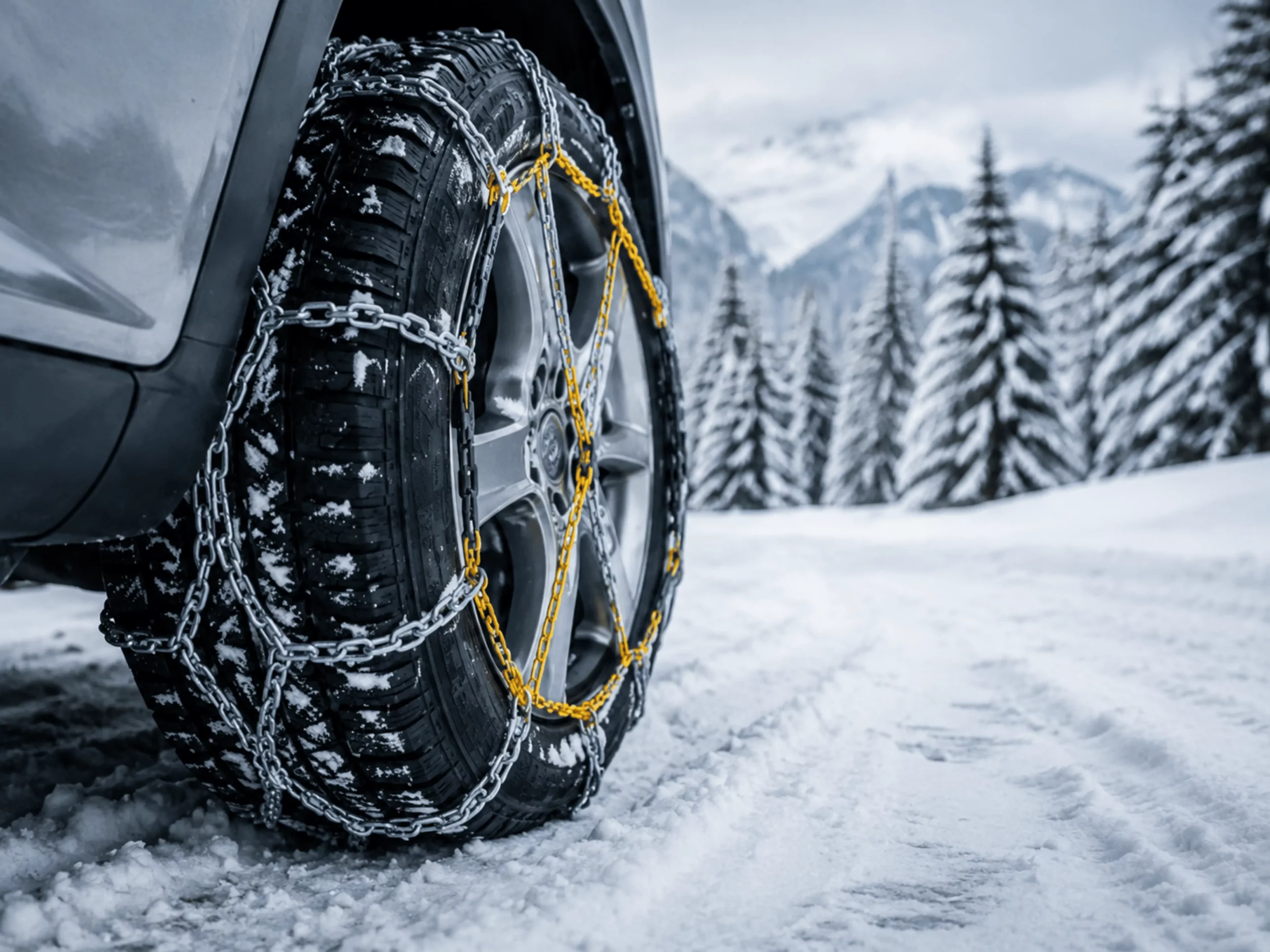 Chaînes neige installées sur un véhicule en conditions hivernales