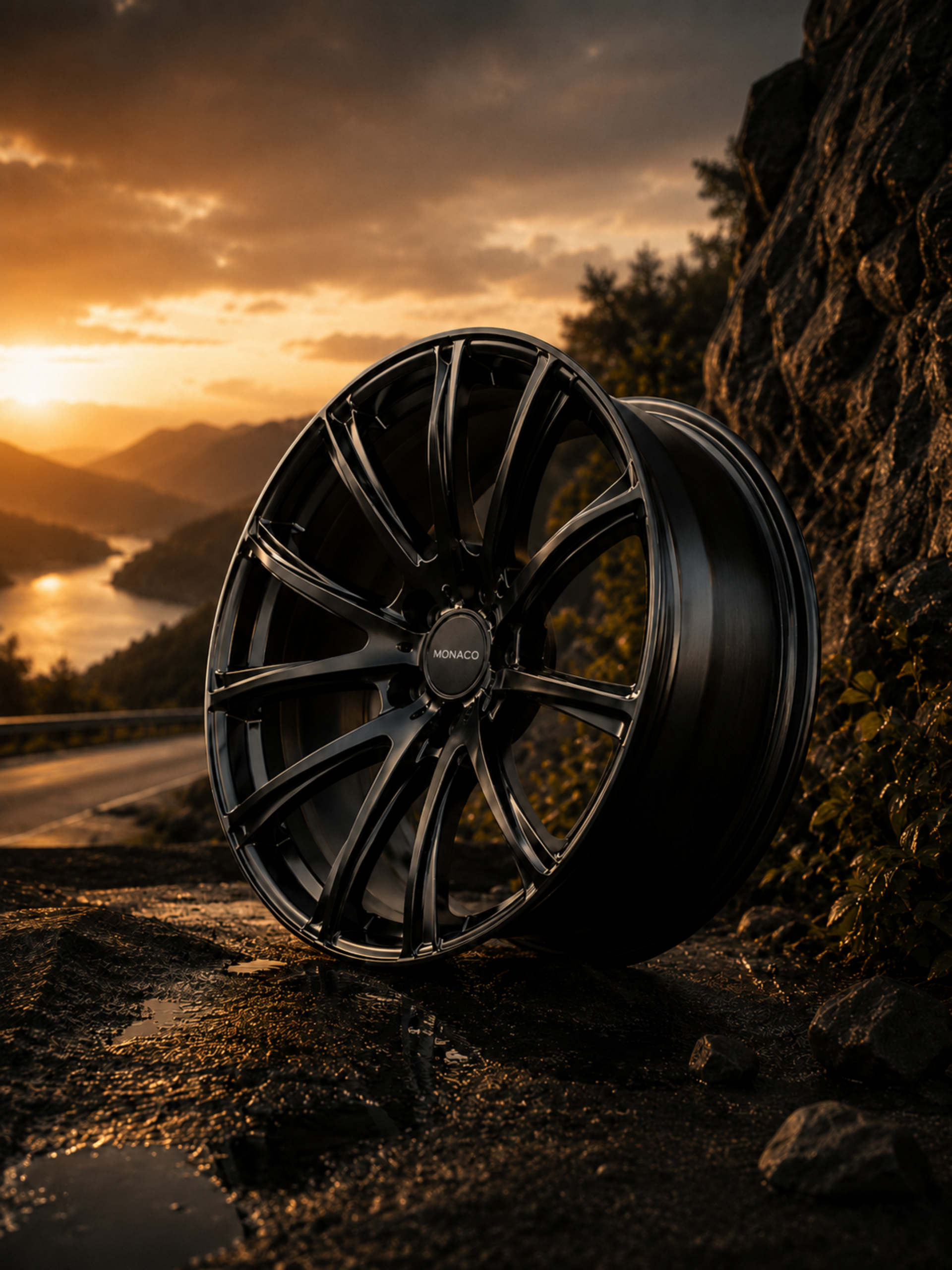 Jante automobile noire dans un environnement naturel