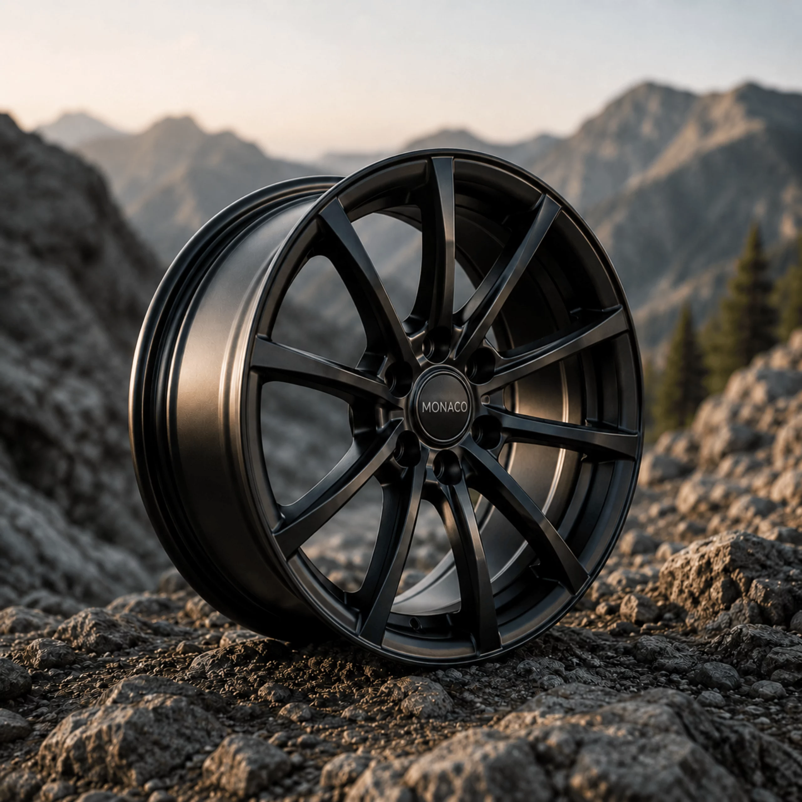 Jante automobile noire dans un environnement montagneux