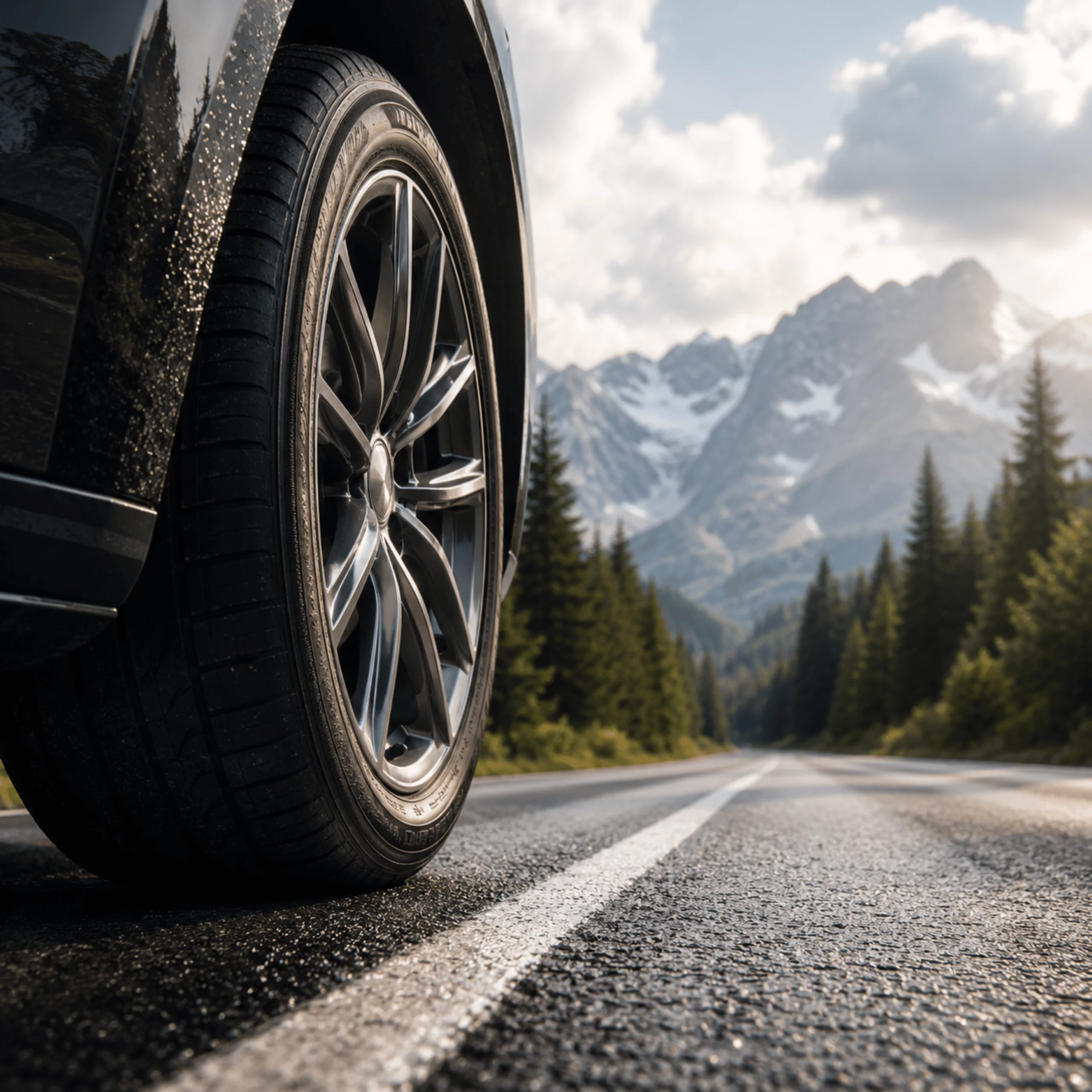 Pneumatique automobile sur une route de montagne